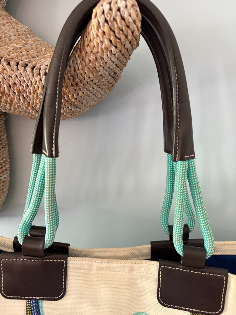 Longchamp Canvas Tote Bag with Rope Knot Design in Cream and Teal - Picture 5 of 6